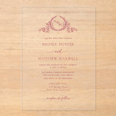 バーグンディエレガントクラウン王室のリースモノグラム アクリル招待状 (正面)