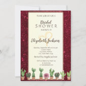 バーグンディエレガントグリッターサボテンブライダルシャワー 招待状 (正面)