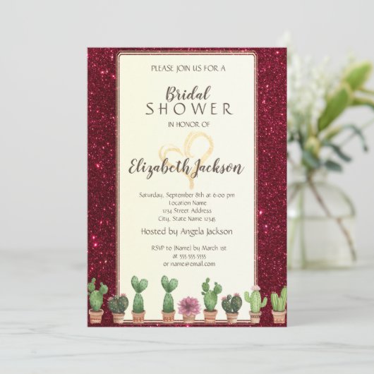 バーグンディエレガントグリッターサボテンブライダルシャワー 招待状 (スタンド正面)