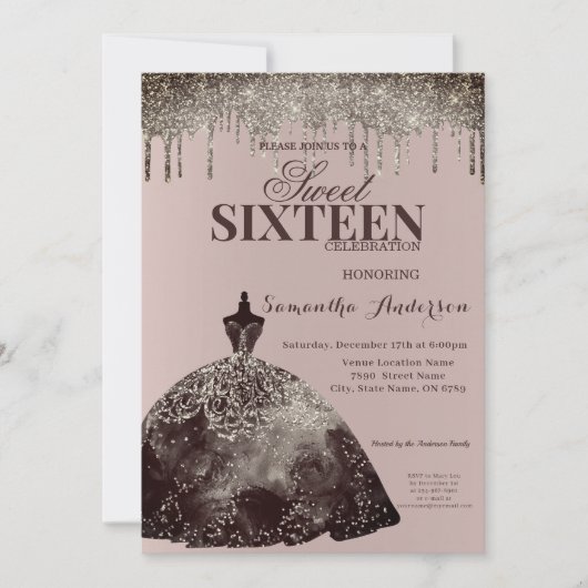 バーグンディエレガントグリッタースパークスウィート16誕生日 招待状 (正面)