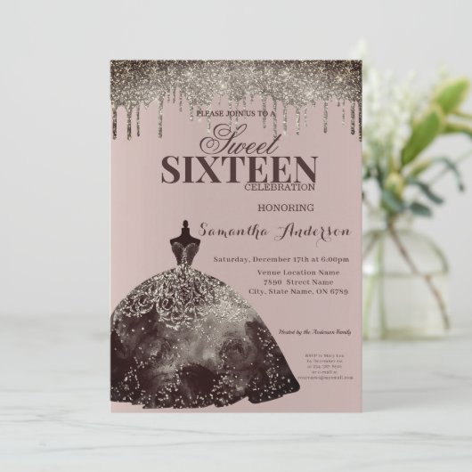 バーグンディエレガントグリッタースパークスウィート16誕生日 招待状 (スタンド正面)