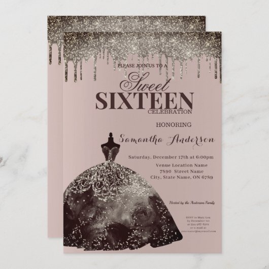 バーグンディエレガントグリッタースパークスウィート16誕生日 招待状 (正面/裏面)