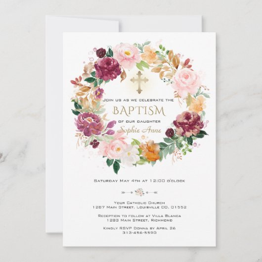 バーグンディエレガントサフラン花リースバプテスマ 招待状 (正面)