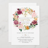 バーグンディエレガントサフラン花リースバプテスマ 招待状 (正面/裏面)