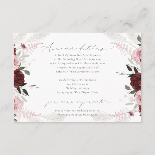 バーグンディエレガントダスティバラ結婚ズアコモデーション エンクロージャーカード (正面)