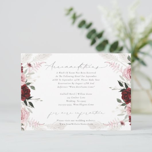 バーグンディエレガントダスティバラ結婚ズアコモデーション エンクロージャーカード (スタンド正面)