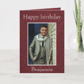 バーグンディエレガントダマスク写真誕生日 カード (正面)