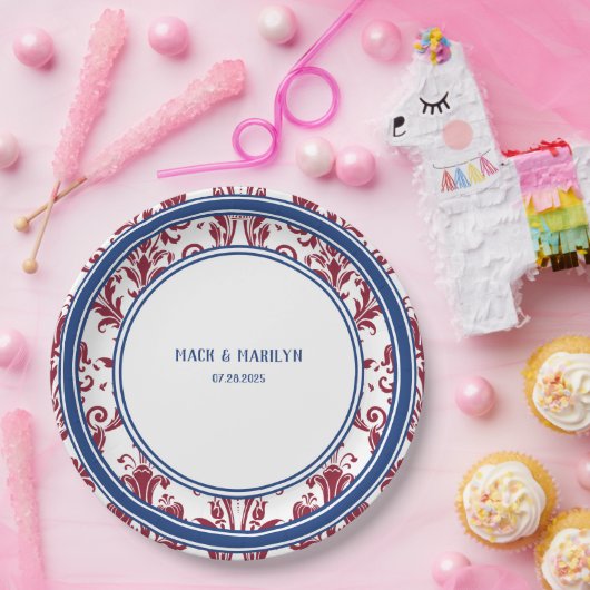バーグンディエレガントネイビーフローラダマスクウェディングディナー ペーパープレート (パーティー)