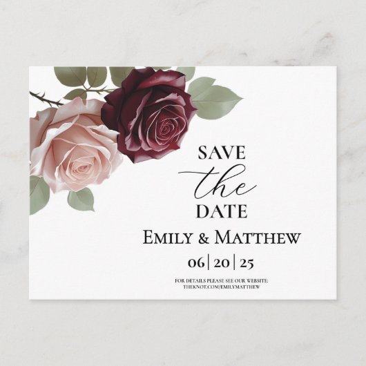 バーグンディエレガントバラウェディング日付を保存 案内ポストカード (正面)