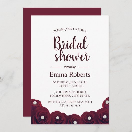 バーグンディエレガントバラ&パールフローラブライダルシャワー 招待状 (正面/裏面)