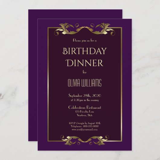 バーグンディエレガントパープル金ゴールド誕生日ディナーパーティー 招待状 (正面/裏面)