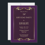 バーグンディエレガントパープル金ゴールド18th誕生日パーティー 招待状<br><div class="desc">紫色のエレガントフレームと金ゴールドの葉のトリムを備えたブルゴーニュ18歳のバースデーパーティ華美の招待。</div>