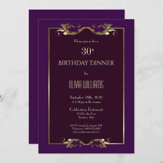バーグンディエレガントパープル金ゴールド30th誕生日ディナー 招待状 (正面/裏面)