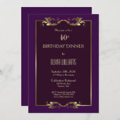 バーグンディエレガントパープル金ゴールド40th誕生日ディナー 招待状 (正面/裏面)