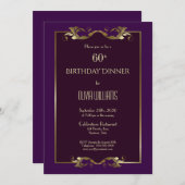 バーグンディエレガントパープル金ゴールド60th誕生日ディナー 招待状 (正面/裏面)