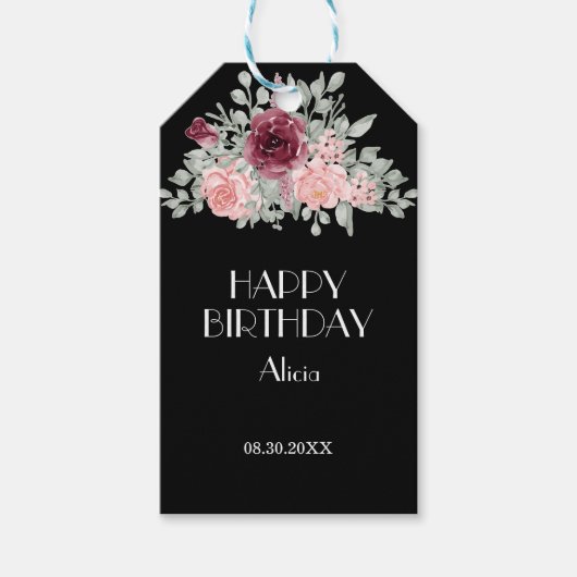 バーグンディエレガントピンクローズフローラ誕生日ギフトラベル ギフトタグ (正面)