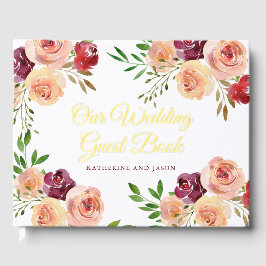 バーグンディエレガントピーチフローラ結婚ズ金箔 ゲストブック