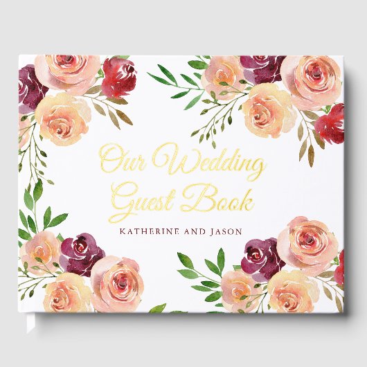 バーグンディエレガントピーチフローラ結婚ズ金箔 ゲストブック (正面)