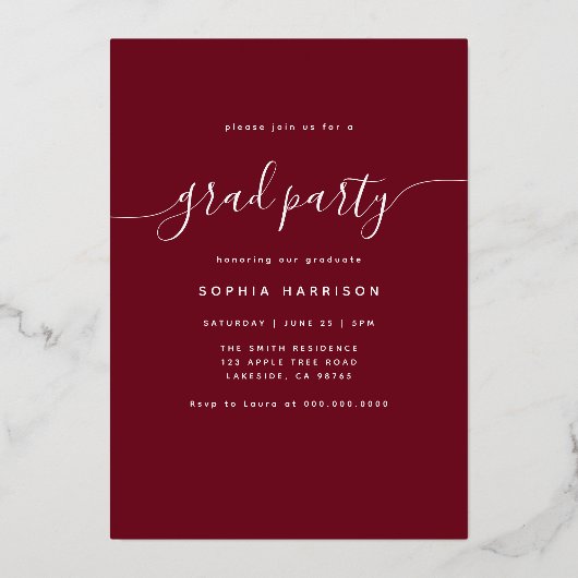 バーグンディエレガントフォトアーチ卒業式フォイルインビタ 箔招待状 (裏面)