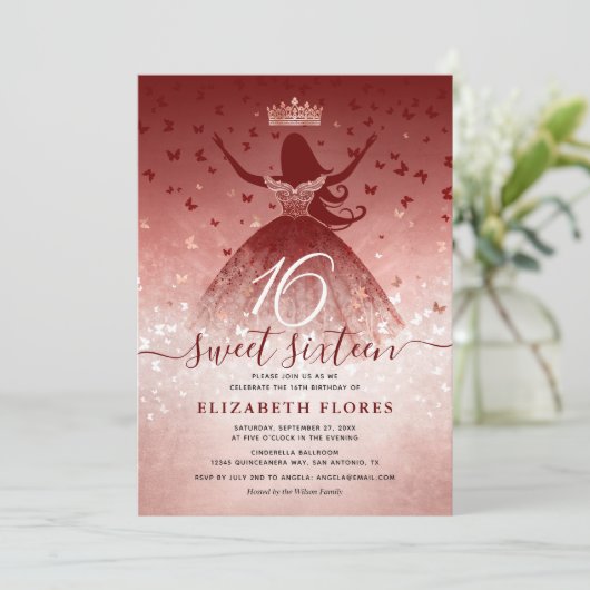 バーグンディエレガントフラワーズバラ金ゴールドスウィート16 招待状 (スタンド正面)