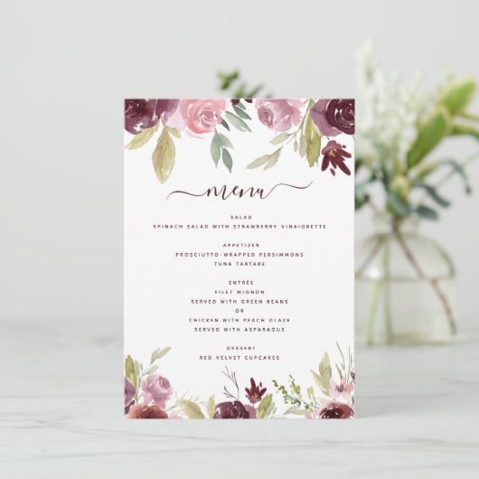 バーグンディエレガントフラワーズフローラウェディングレセプション メニュー (スタンド正面)