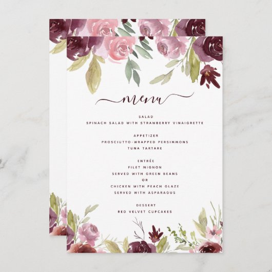 バーグンディエレガントフラワーズフローラウェディングレセプション メニュー (正面/裏面)