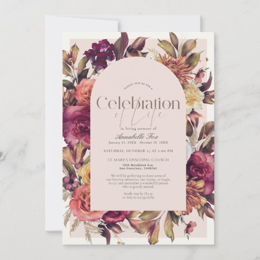 バーグンディエレガントフローラアーチ葬儀記念碑 招待状 (正面)