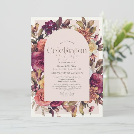 バーグンディエレガントフローラアーチ葬儀記念碑 招待状 (スタンド正面)