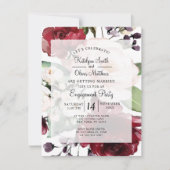 バーグンディエレガントフローラゴールドフォイル婚約パーティ 招待状 (正面)