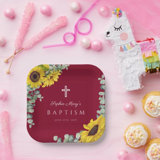 バーグンディエレガントフローラヒマワリ十字洗礼 ペーパープレート (パーティー)