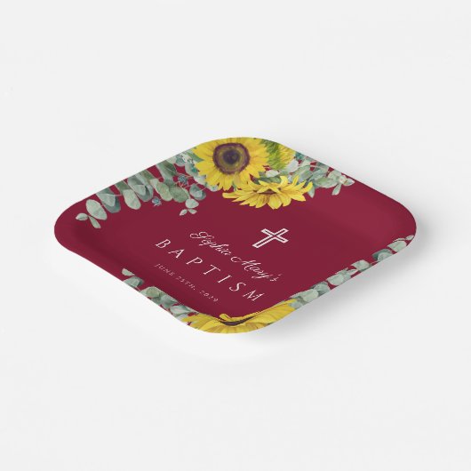 バーグンディエレガントフローラヒマワリ十字洗礼 ペーパープレート (傾斜あり)