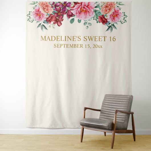 バーグンディエレガントフローラピンクピーニーズスウィート16 タペストリー (インサイチュ)