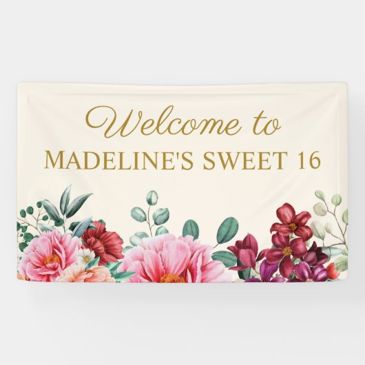 バーグンディエレガントフローラピンクピーニーズスウィート16 横断幕 (横)