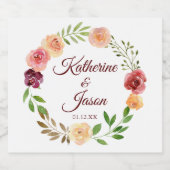 バーグンディエレガントフローラピーチピーニー結婚ズ スパークリングワインラベル (シングルラベル)