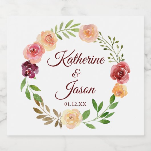 バーグンディエレガントフローラピーチピーニー結婚ズ スパークリングワインラベル (シングルラベル)