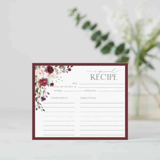バーグンディエレガントフローラブライダルシャワーレシピカード (スタンド正面)