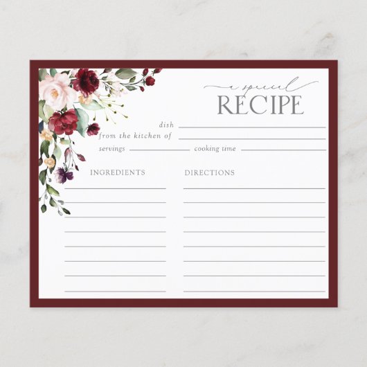 バーグンディエレガントフローラブライダルシャワーレシピカード (正面)