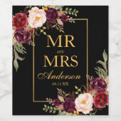 バーグンディエレガントフローラブラック金ゴールド ワインラベル (シングルラベル)