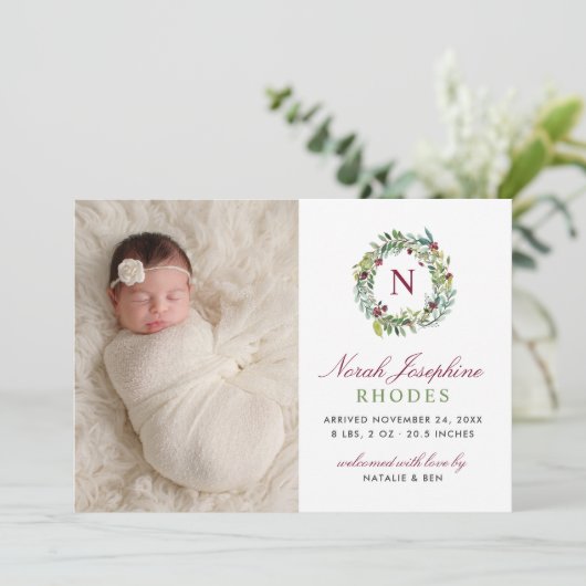 バーグンディエレガントフローラリースベビー写真誕生 案内状 (スタンド正面)