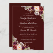 バーグンディエレガントフローラレース結婚式招待状 招待状 (正面/裏面)