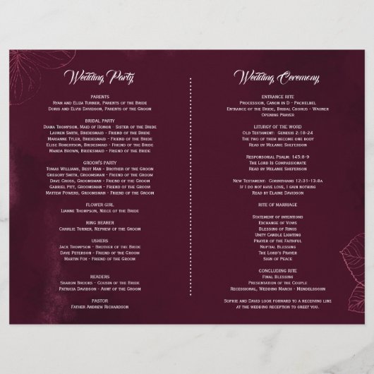 バーグンディエレガントフローラ幾何学的結婚式 プログラム (裏面)