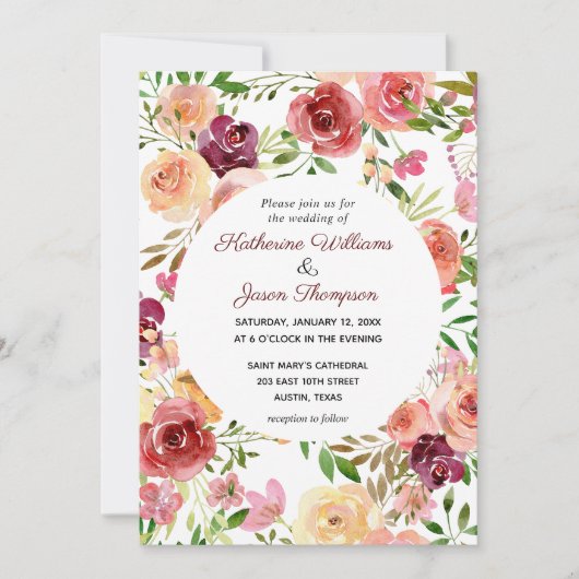 バーグンディエレガントフローラ牡丹夕べ結婚ズ 招待状 (正面)