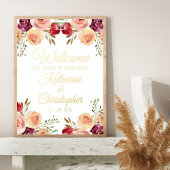 バーグンディエレガントフローラ秋の結婚式ウェルカム金ゴールド 箔ポスター