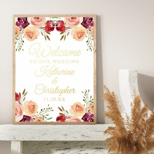 バーグンディエレガントフローラ秋の結婚式ウェルカム金ゴールド 箔ポスター