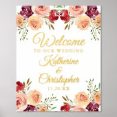 バーグンディエレガントフローラ秋の結婚式ウェルカム金ゴールド 箔ポスター (正面)