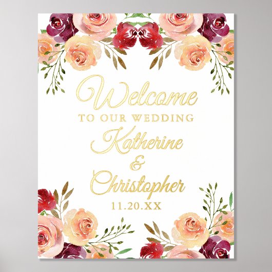 バーグンディエレガントフローラ秋の結婚式ウェルカム金ゴールド 箔ポスター (正面)