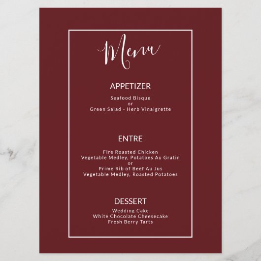 バーグンディエレガントフローラ – ウェディングレセプションメニュー メニュー (裏面)