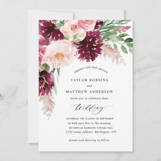 バーグンディエレガントベリー赤面ピンクフローラズ結婚 招待状 (正面)