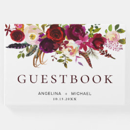 バーグンディエレガントマルサラボヘミアンフローラ結婚ズ ゲストブック