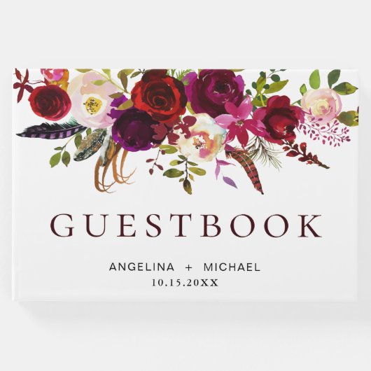 バーグンディエレガントマルサラボヘミアンフローラ結婚ズ ゲストブック (正面)